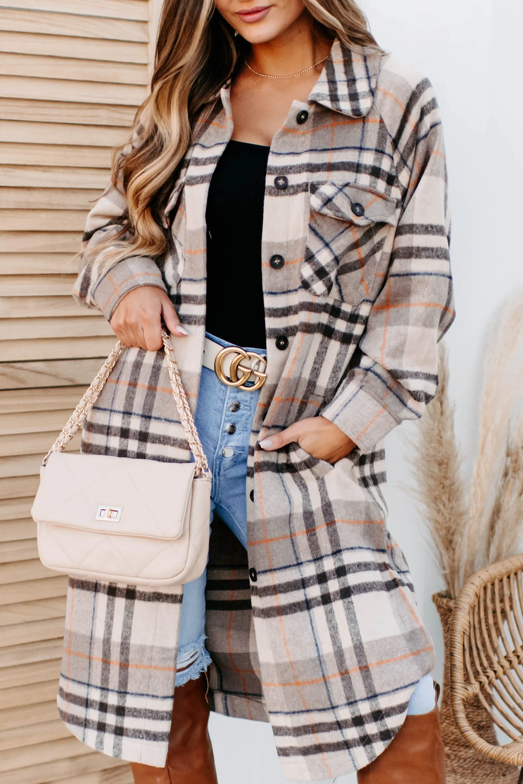 Room To Breathe Long Plaid Shacket (Brown)