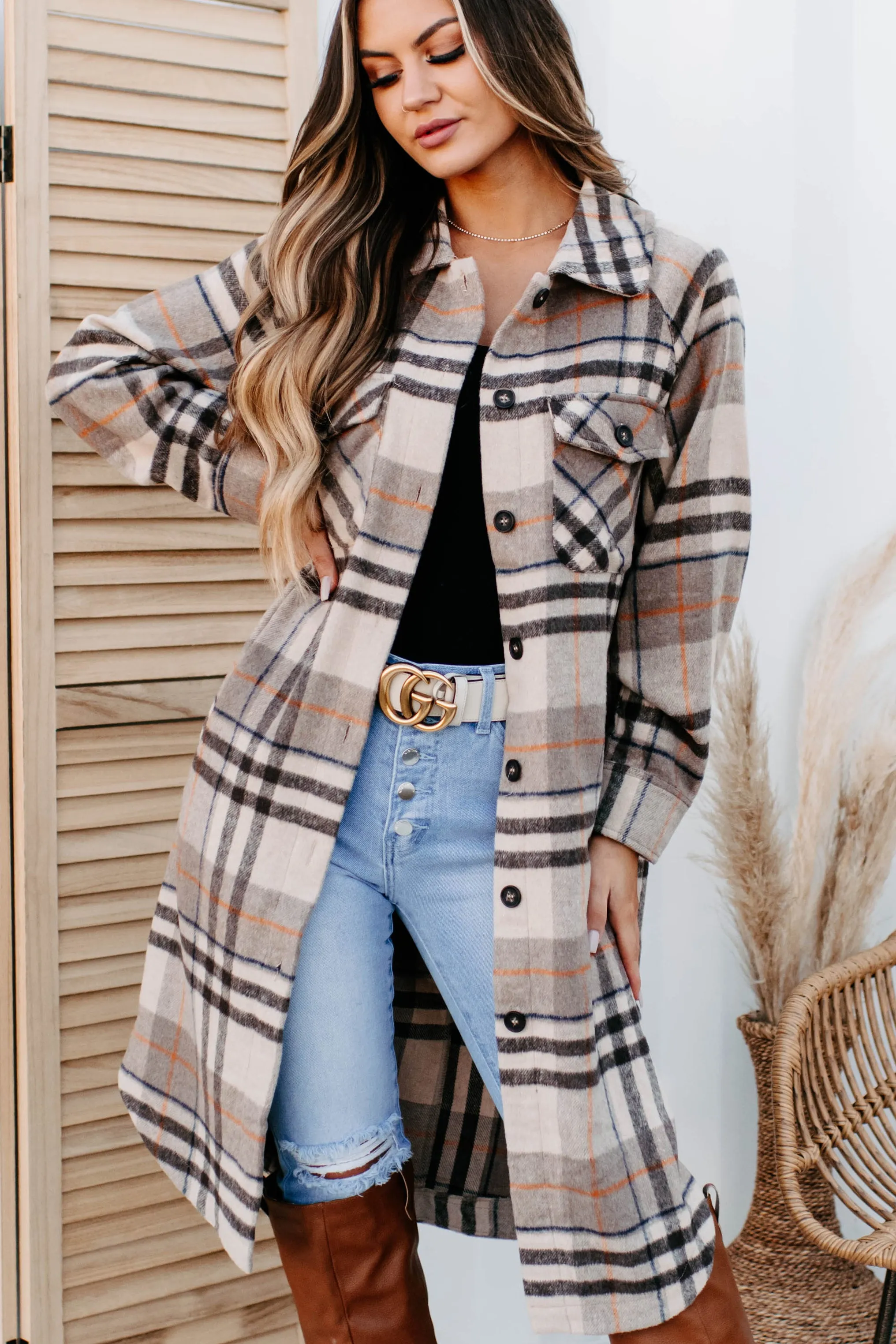 Room To Breathe Long Plaid Shacket (Brown)