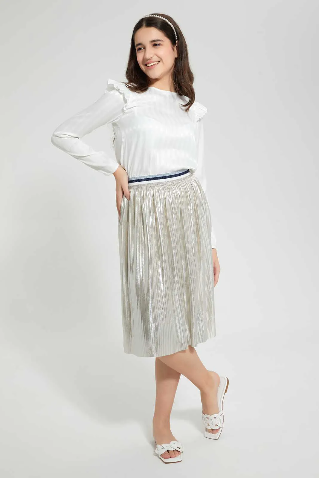 Silver Metallic Pleated Skirt