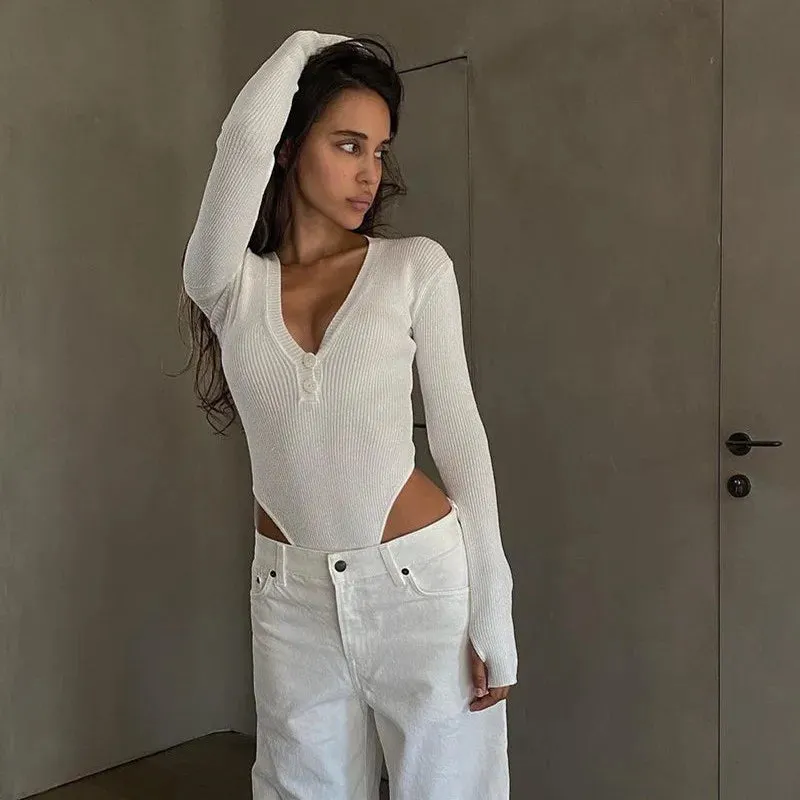 Skinny Button Up Long Sleeve Ribbed Bodysuit