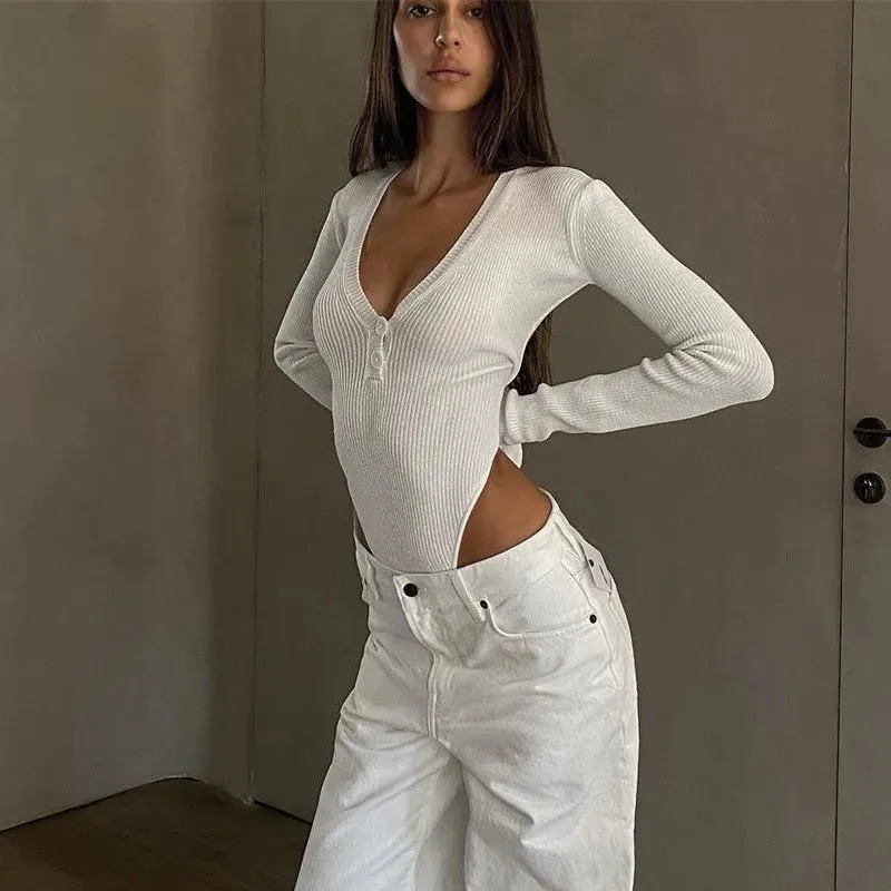 Skinny Button Up Long Sleeve Ribbed Bodysuit
