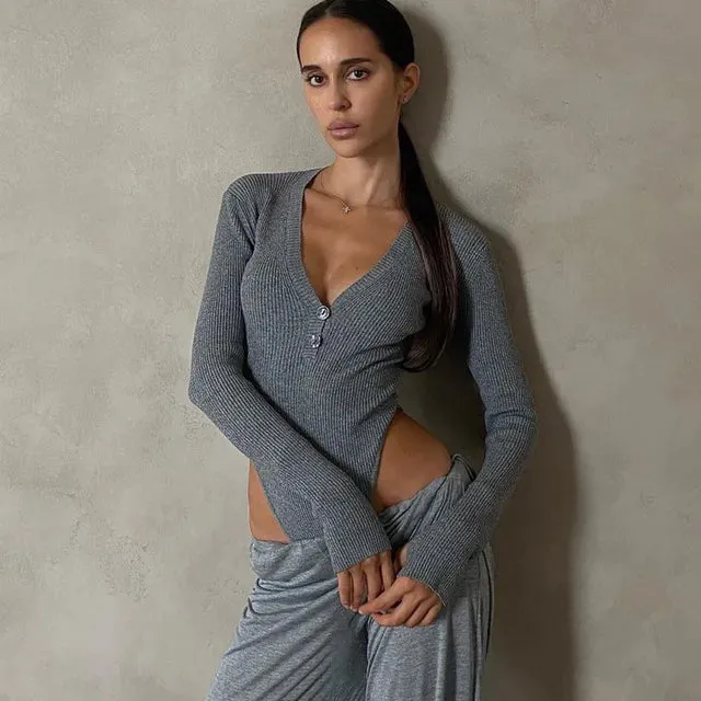 Skinny Button Up Long Sleeve Ribbed Bodysuit