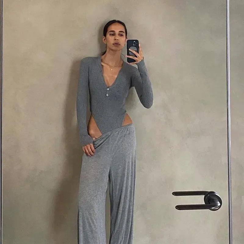 Skinny Button Up Long Sleeve Ribbed Bodysuit