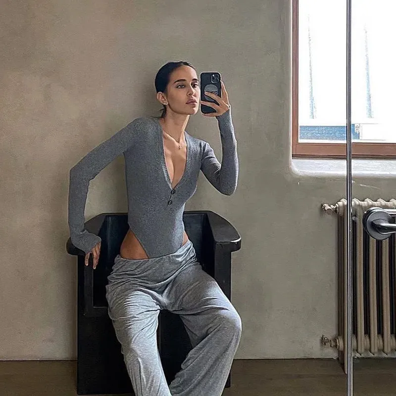 Skinny Button Up Long Sleeve Ribbed Bodysuit