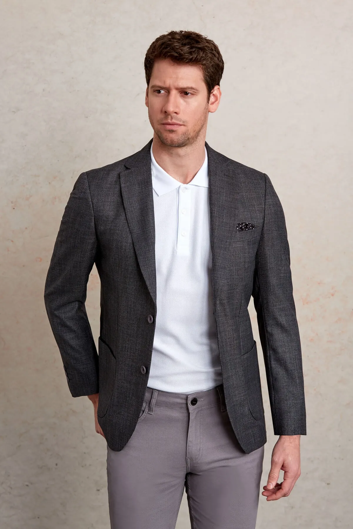 Slim Fit Notch Lapel Patterned Burgundy Casual Blazer, Charcoal D.