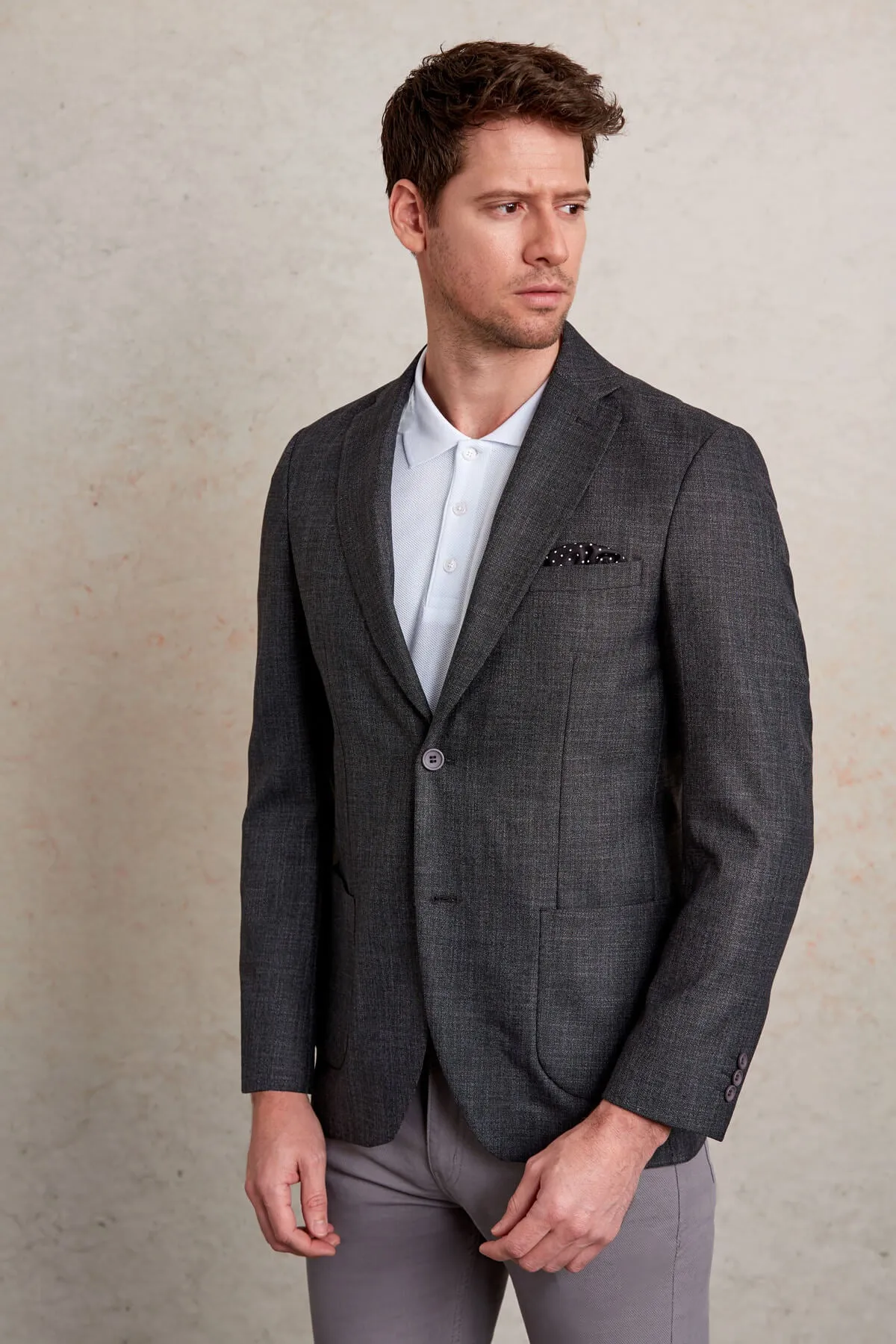Slim Fit Notch Lapel Patterned Burgundy Casual Blazer, Charcoal D.