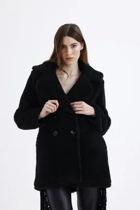 SNS Sense Black Lined Double-Breasted Fur Coat - Geldern