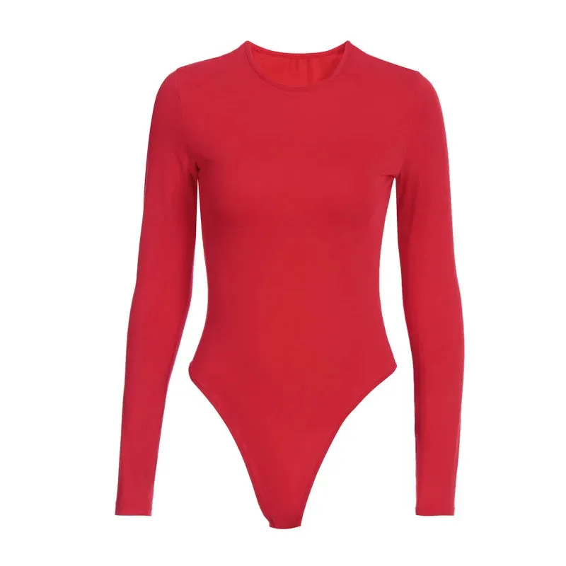 Solid O Neck Long Sleeve White Bodysuit