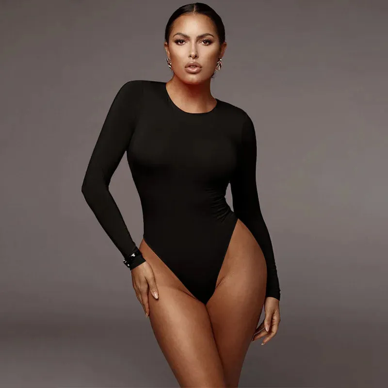 Solid O Neck Long Sleeve White Bodysuit