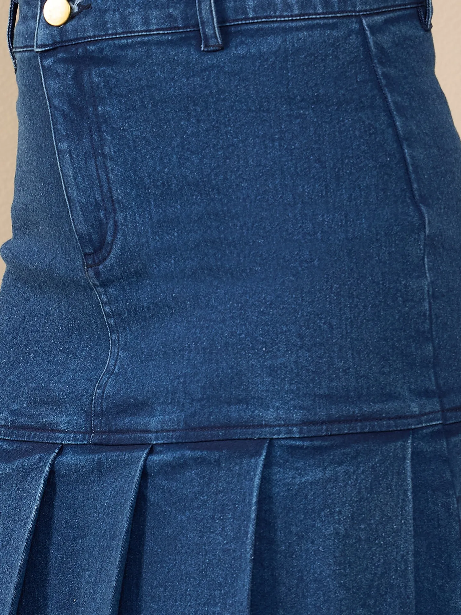 StyleStone Women's Blue Denim Skirt with Pleat Detail