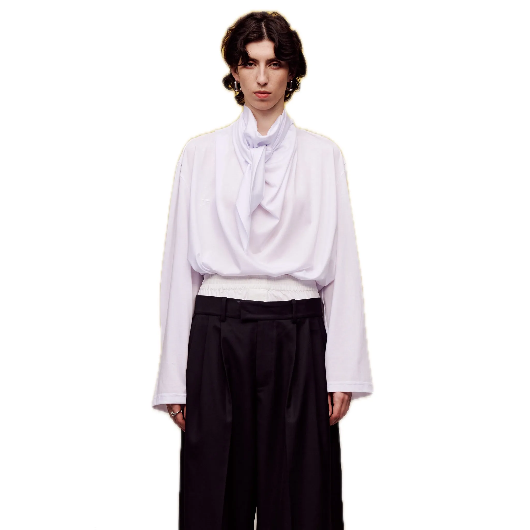T-scarf Collar Lace-up Shirt in White
