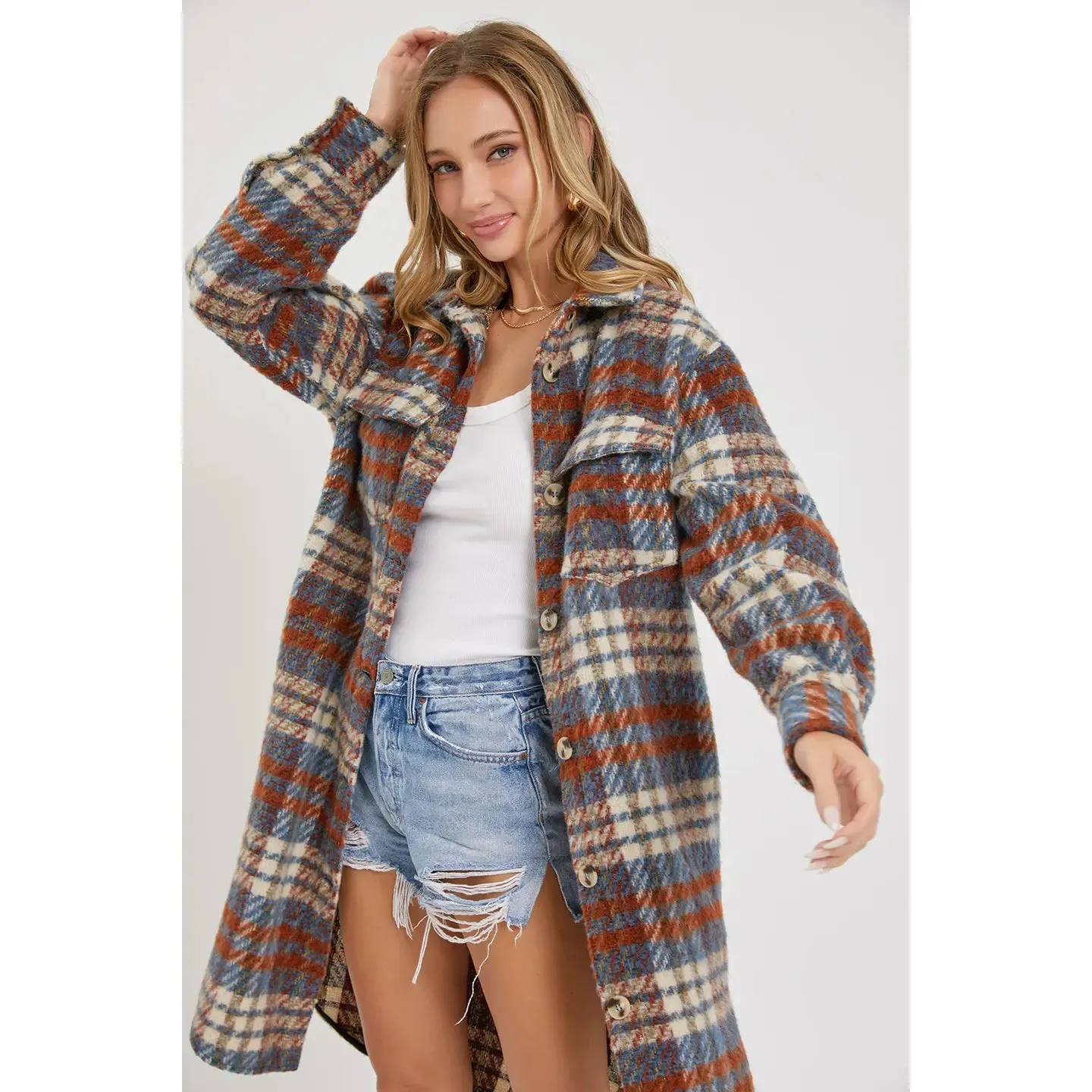 Teal Plaid Long Shirt Jacket