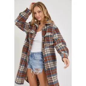 Teal Plaid Long Shirt Jacket