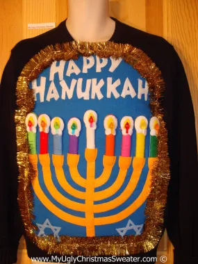 Ugly Christmas Sweater Party Hanukkah Sweater Mens with Menorah (j259)