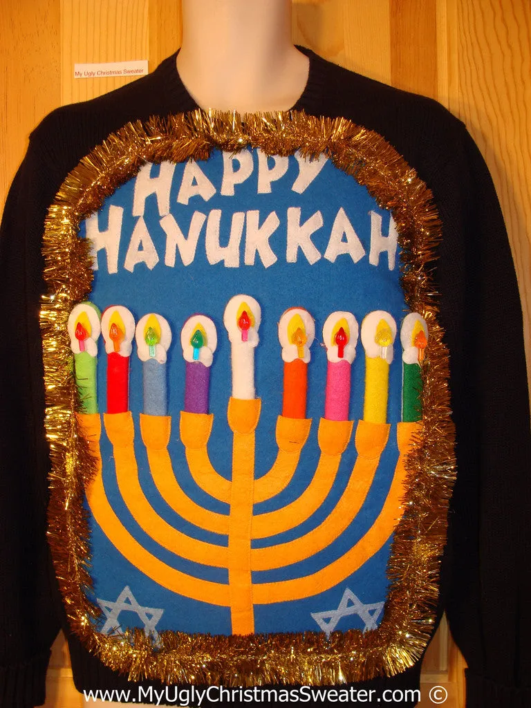 Ugly Christmas Sweater Party Hanukkah Sweater Mens with Menorah (j259)