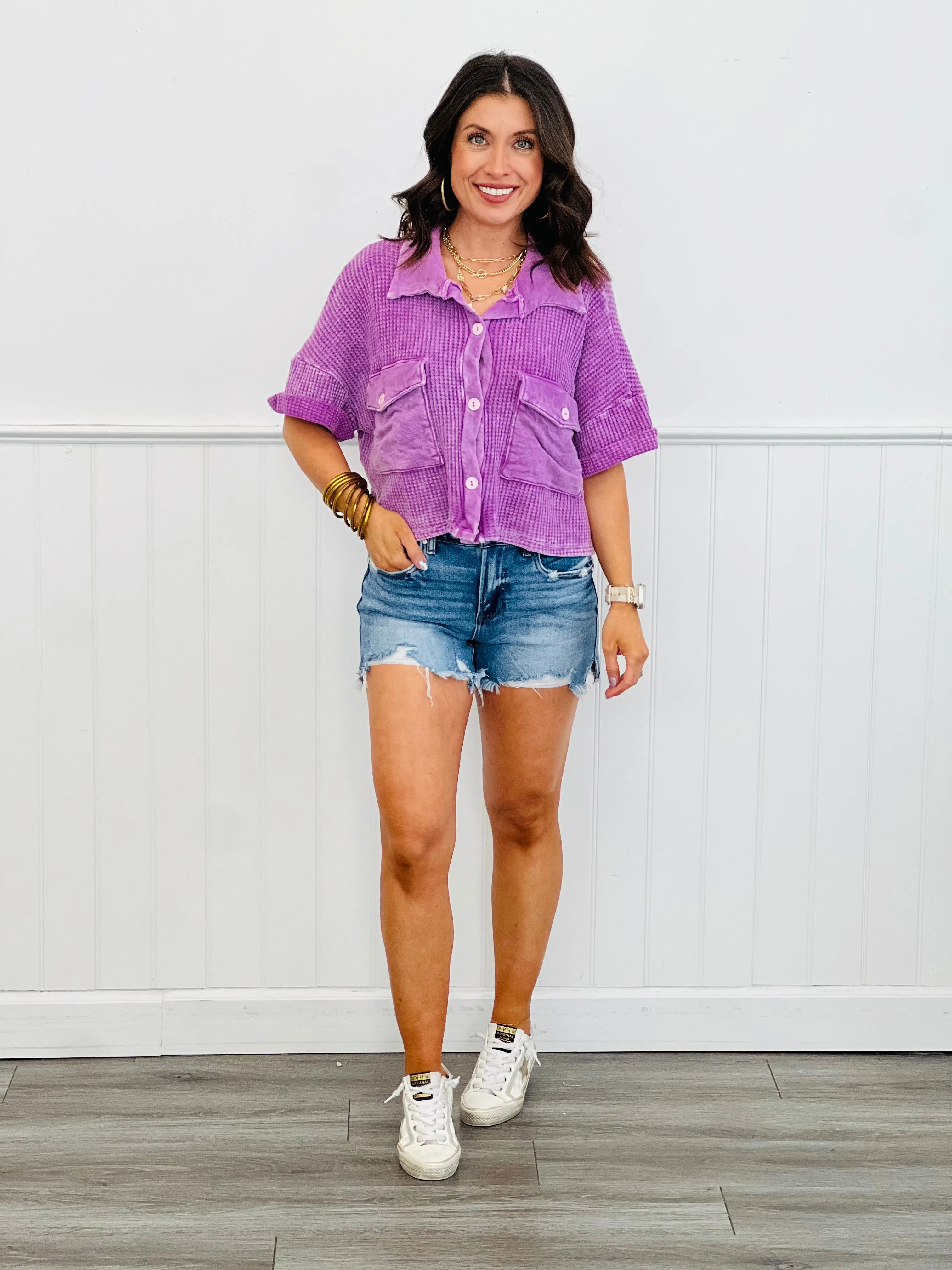 Washed Waffle Knit Short Sleeve Shacket (Reg.) - 4 Colors