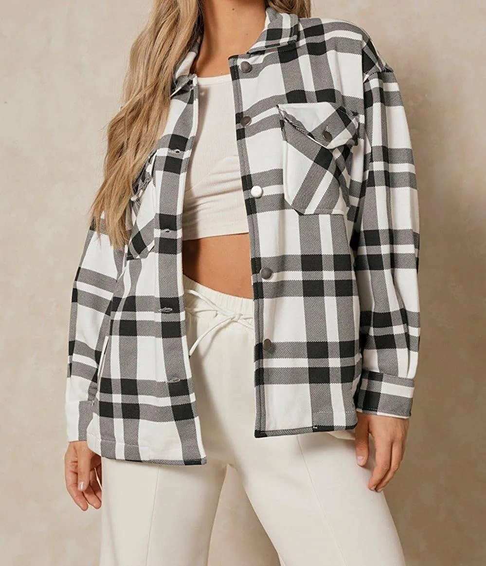 White Black Check Shacket For Her-0022
