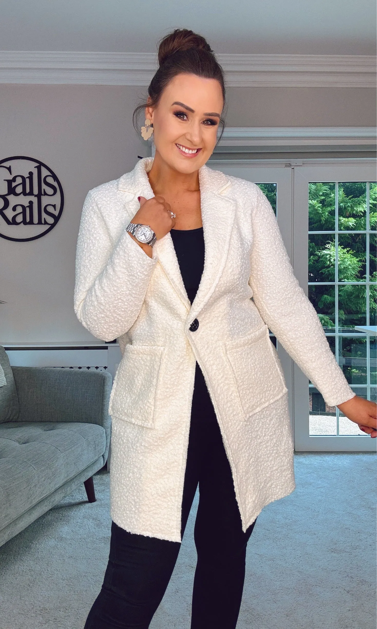 WINTER WHITE SINGLE BUTTON TEDDY COAT