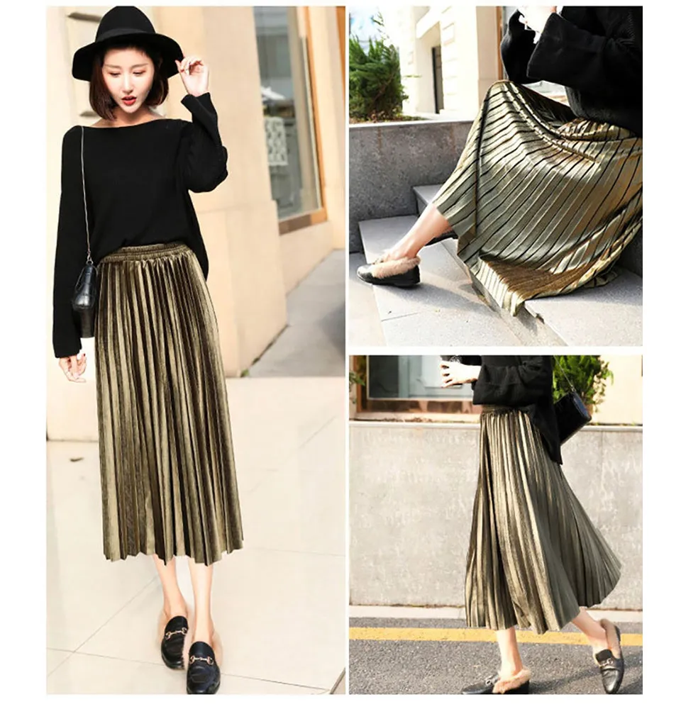 Women Long Metallic Silver Maxi Pleated Skirt Midi Skirt High Waist Elascity Casual Party Skirts