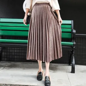 Women Long Metallic Silver Maxi Pleated Skirt Midi Skirt High Waist Elascity Casual Party Skirts