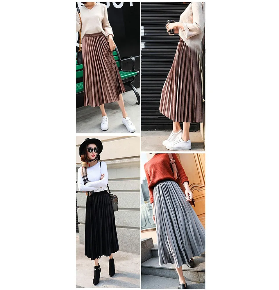 Women Long Metallic Silver Maxi Pleated Skirt Midi Skirt High Waist Elascity Casual Party Skirts
