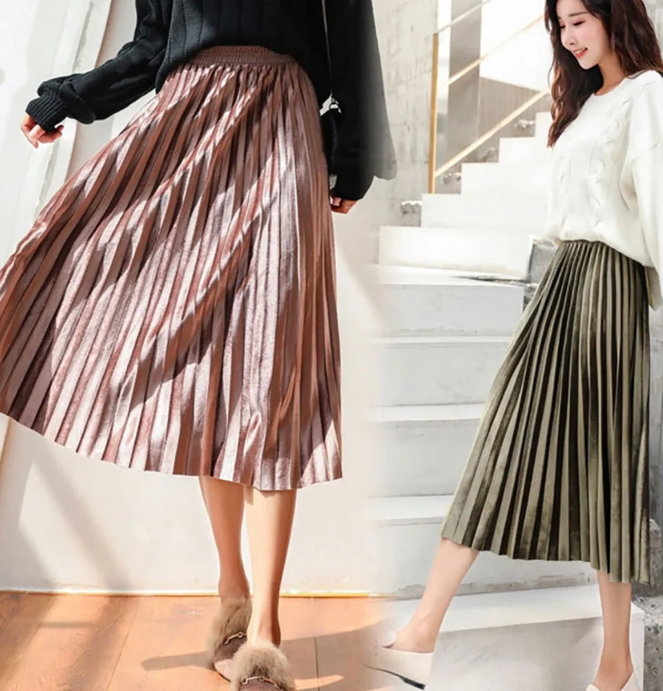 Women Long Metallic Silver Maxi Pleated Skirt Midi Skirt High Waist Elascity Casual Party Skirts