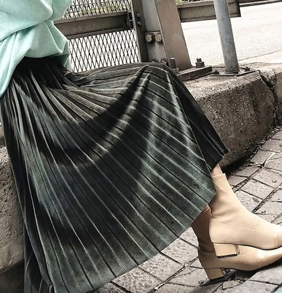Women Long Metallic Silver Maxi Pleated Skirt Midi Skirt High Waist Elascity Casual Party Skirts