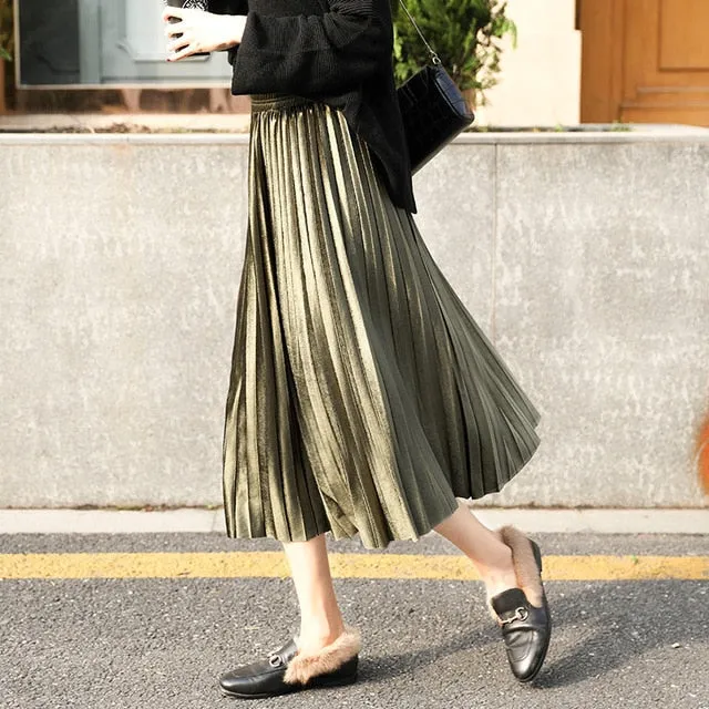 Women Long Metallic Silver Maxi Pleated Skirt Midi Skirt High Waist Elascity Casual Party Skirts
