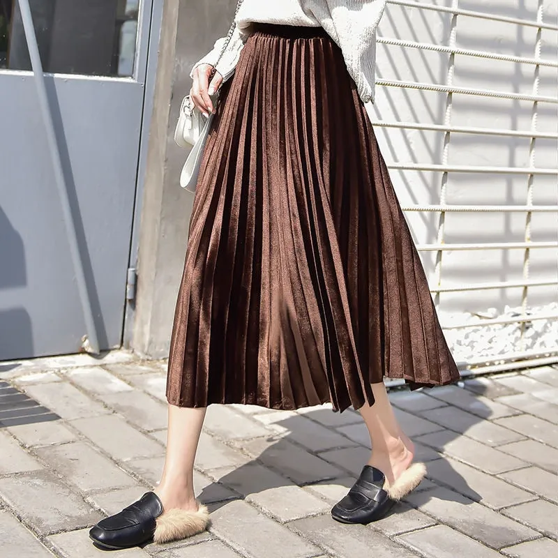 Women Long Metallic Silver Maxi Pleated Skirt Midi Skirt High Waist Elascity Casual Party Skirts
