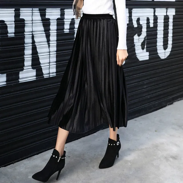 Women Long Metallic Silver Maxi Pleated Skirt Midi Skirt High Waist Elascity Casual Party Skirts