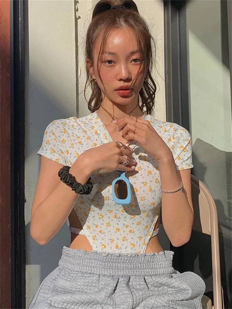 Women Short Sleeve High Cut Out Floral Bodysuit