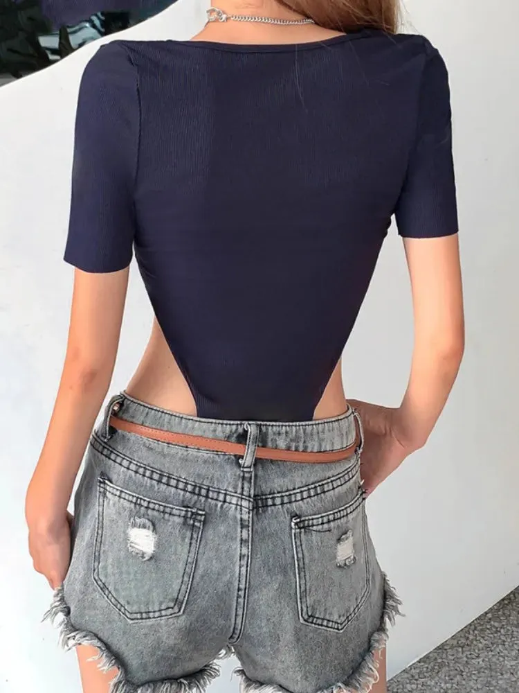Women V-neck Ribbed Knitted Short Sleeve Bodysuits