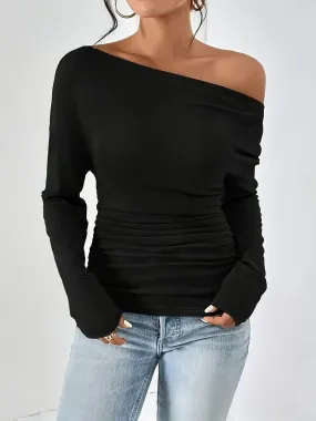 Women's Solid Color Shoulder Long Sleeve Pleated Blouses